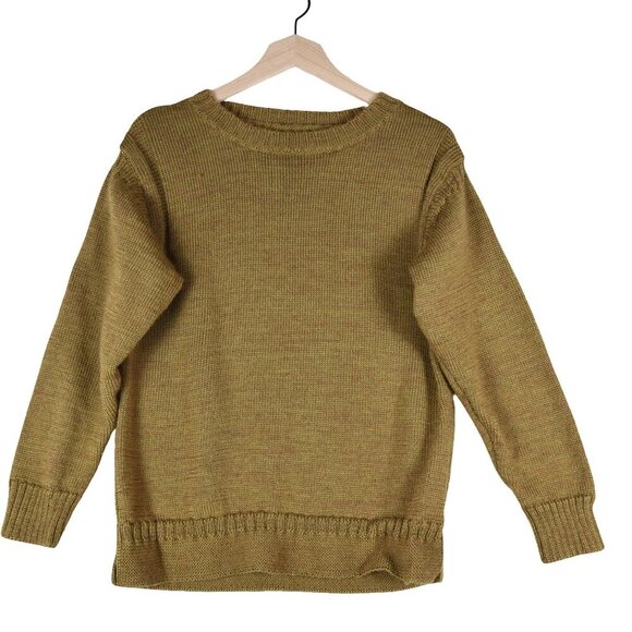 WoolOvers 100% Wool Crewneck Sweater Fits M Mustard Peas Heather Knit Pullover - Picture 3 of 7